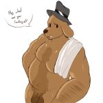  absurd_res anthro body_hair brown_body canid canine canis clothing domestic_dog hat headgear headwear hi_res male mammal overweight sam_and_max samuel_dog slightly_chubby solo text towel wooddaddy 