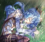  1girl bangs bare_shoulders blue_hair bodysuit closed_eyes curled_up detached_sleeves from_above ganyu_(genshin_impact) genshin_impact goat_horns grass highres horns long_hair lying on_grass on_side pantyhose parted_lips sleeping solo thighs vankusman 
