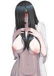  1girl black_hair blush breasts commentary_request embarrassed female_pubic_hair hair_over_one_eye highres hyoshiki large_breasts long_hair naked_robe navel nipples nose_blush open_clothes out-of-frame_censoring pale_skin parted_lips pubic_hair robe shirt solo stomach the_ring white_background white_robe yamamura_sadako yellow_shirt 