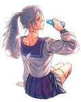  1girl blue_dress bottle dress drink genderswap genderswap_(mtf) grey_hair hand_on_floor highres holding holding_bottle jujutsu_kaisen long_hair looking_at_viewer mahito_(jujutsu_kaisen) ponytail school_uniform simple_background solo stitched_arm stitched_face stitched_leg stitched_neck stitches sweat sweatdrop twitter_username water_bottle wengwengchim white_background 