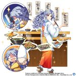  1girl alternate_costume alternate_hairstyle apron breasts chibi chibi_inset cleaver cooking copyright dress food geta grey_hair japanese_clothes kappougi kimono ladle large_breasts long_hair looking_at_viewer looking_back nata_(tool) official_art orange_kimono ponytail red_hair rotte_(1109) sakata_nemuno single-shoulder_dress single_strap smile socks solo sparkle touhou touhou_lost_word transparent_background wavy_hair white_socks 