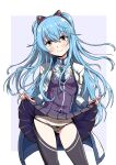  1girl animal_ears ao_no_kiseki black_panties black_thighhighs blue_hair blue_skirt blush bow bow_panties cat_ears clothes_lift eiyuu_densetsu fake_animal_ears highres jacket kyo9999 legs long_hair looking_at_viewer panties sen_no_kiseki sen_no_kiseki_iii sen_no_kiseki_iv simple_background skirt skirt_lift smile solo thighhighs tio_plato underwear white_jacket yellow_eyes zero_no_kiseki 