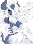  1girl absol asymmetrical_horns bangs bare_shoulders blue_horns blue_skin body_fur bottomless bra breasts claws cleavage colored_skin commentary_request expressionless feathered_wings fur_collar furry furry_female hair_over_one_eye half-closed_eyes highres holding_own_arm horns knee_up korean_commentary large_breasts looking_to_the_side medium_hair mega_absol mega_pokemon one_eye_covered personification pokemon pokemon_(creature) red_eyes sami_(yaonga797) sidelocks simple_background sitting sketch solo tail underwear underwear_only white_background white_bra white_fur white_hair white_wings wings 
