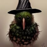  1:1 ambiguous_gender armless avian beak bird black_clothing black_eyes black_hat black_headwear clothing digital_media_(artwork) feral front_view fur green_body green_face green_fur hat hat_only headgear headgear_only headwear headwear_only hi_res kiwi_(bird) looking_at_viewer mostly_nude ratite realistic red_beak shaded simple_background solo standing stare unknown_artist witch_hat 