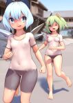  2girls bar_censor blue_eyes blue_hair bodypaint breasts censored cirno daiyousei exhibitionism green_eyes green_hair highres huxiao_(mistlakefront) multiple_girls nude public_indecency running small_breasts sweat touhou wings 