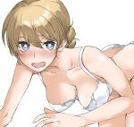  1girl blonde_hair blue_eyes blush bra braid breasts butt_crack commentary_request darjeeling_(girls_und_panzer) elf_(stroll_in_the_woods) french_braid girls_und_panzer highres leaning_forward looking_at_viewer medium_breasts nose_blush panties solo teeth tongue underwear underwear_only white_bra white_panties 