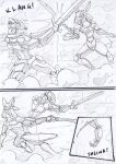  attack black_and_white comic destruction dodging fight kitfox-crimson machine mecha melee_weapon monochrome onomatopoeia outside_panel severed_arm severed_limb sketch slice smoke sound_effects sword swordfight text weapon zero_pictured 