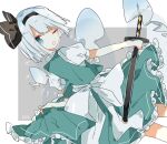 1girl ;d back black_hairband bob_cut bow dutch_angle ghost green_eyes green_skirt green_vest hairband highres hitodama holding holding_sword holding_weapon konpaku_youmu konpaku_youmu_(ghost) looking_at_viewer looking_back nishiki1225 one_eye_closed open_mouth puffy_short_sleeves puffy_sleeves scabbard sheath shining shirt short_hair short_sleeves signature simple_background skirt smile solo sword touhou vest wakizashi weapon white_background white_bow white_hair white_shirt 