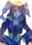  1girl :d black_choker black_jacket blue_eyes bodysuit breasts brown_hair chest_tattoo choker cleavage collarbone cropped_jacket drawstring edamameoka eunie_(xenoblade) feathered_wings green_jacket head_wings highres hood hood_down hooded_jacket jacket long_hair medium_breasts open_mouth sitting smile solo tattoo white_wings wings xenoblade_chronicles_(series) xenoblade_chronicles_3 