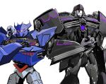  assault_visor crossed_arms decepticon highres lizardmancc looking_at_viewer mecha megatron open_hand red_eyes robot shoulder_cannon sketch soundwave_(transformers) the_transformers_(idw) trait_connection transformers transformers:_earth_spark white_background 