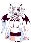  1girl absurdres bangs bare_arms bare_shoulders black_nails black_shorts black_wings blue_eyes blush_stickers breasts cropped_legs demon_girl demon_horns demon_wings eds fingernails fish_tail gawr_gura grin hair_ornament highres hololive hololive_english horns long_hair looking_at_viewer multicolored_hair nail_polish navel o-ring shark_tail sharp_fingernails sharp_teeth short_shorts shorts simple_background small_breasts smile solo tail teeth thick_eyebrows thigh_strap two-tone_hair virtual_youtuber white_background white_hair wings 