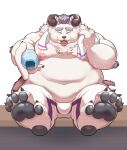  anthro behemoth_(housamo) belly big_belly bodily_fluids bulge eyebrows fur hi_res horn hugothecorgo lifewonders male monster navel nipples overweight pawpads solo sweat thick_eyebrows tokyo_afterschool_summoners towel video_games water_bottle white_body white_fur 