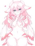  1girl :3 animal_ears animal_hands arms_up bangs blue_eyes blush body_fur breasts claws closed_mouth collarbone commentary_request completely_nude cowboy_shot ears_down feathered_wings furry furry_female hair_between_eyes hair_censor half-closed_eyes happy head_tilt heart highres horns korean_commentary long_hair looking_at_viewer low_wings medium_breasts navel no_pussy nude original outstretched_arms pawpads pink_fur pink_hair pink_theme reaching_out sami_(yaonga797) sidelocks simple_background sitting smile solo stomach striped_fur two-tone_fur white_background white_fur white_horns white_wings wings 