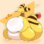  ambiguous_gender ampharos anthro belly big_belly blush eyes_closed generation_2_pokemon hi_res mammal nintendo open_mouth pokemon pokemon_(species) smile solo takisan_oekaki video_games yellow_body 