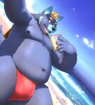  2022 anthro beach belly beverage big_belly blue_body bubble_tea bulge canid canine canis clothing detailed_background hi_res humanoid_hands kemono male mammal moobs nipples nookdae outside overweight overweight_male seaside solo swimwear wolf 