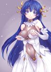  1girl bangs bare_shoulders black_border blue_eyes blue_hair border breasts cleavage commentary_request covered_navel detached_sleeves dot_nose dress forehead gold_trim gradient gradient_background hair_ornament highres large_breasts lia_parapara_leazas long_hair looking_at_viewer rance_(series) simple_background solo white_dress white_sleeves wochi 