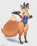  2022 anthro blue_clothing blue_leotard brown_ears canid canine clothed clothing crossdressing eyebrows fake_ears fake_rabbit_ears fingers fox fur girly hi_res holding_tray leotard male mammal multicolored_body multicolored_fur multicolored_tail open_mouth orange_body orange_fur orange_tail schmutzo signature solo standing strapless_leotard teeth tongue 