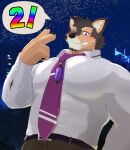  anthro belt blush canid canine canis claws domestic_dog gesture grin hi_res jewelry lifewonders live-a-hero male mammal muscular muscular_anthro muscular_male necklace necktie one_eye_closed pubraseer shi_ba_ki_chi smile solo v_sign video_games wink 
