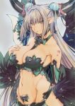  1girl bangs bare_shoulders between_breasts black_wings breasts cleavage commentary_request covered_nipples detached_sleeves double_bun elf feathered_wings grey_hair groin hair_bun highres horns large_breasts long_bangs long_hair long_pointy_ears multiple_wings navel original parted_lips pointy_ears revealing_clothes simple_background solo thick_thighs thighs very_long_hair wings wochi yellow_eyes 