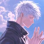  1boy blue_eyes cloud cloudy_sky day gojou_satoru half-closed_eyes highres jujutsu_kaisen looking_down male_focus own_hands_together portrait praying profile short_hair sky solo twitter_username wengwengchim white_hair 