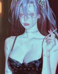  1girl bare_shoulders breasts cigarette cleavage fingernails genderswap genderswap_(mtf) grey_hair hair_between_eyes highres holding holding_cigarette jujutsu_kaisen lips long_hair looking_at_viewer mahito_(jujutsu_kaisen) sharp_fingernails short_twintails solo stitched_arm stitched_face stitched_neck stitches twintails twitter_username wengwengchim 