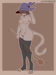  3:4 4_toes absurd_res anthro blush brown_body brown_fur clothed clothing feet felid feline female fingers fur genitals hair hair_over_eyes hat headgear headwear hi_res legwear mammal may_(the_man) nipples no_underwear pussy solo the_man thigh_highs toes topless witch_hat 