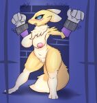  1:1 anthro bandai_namco big_breasts blue_eyes blush breasts chain chained claws digimon digimon_(species) female fluffy fluffy_tail fur genitals hi_res lavtheghost multicolored_body multicolored_fur nipples open_mouth renamon restrained simple_background solo thick_thighs two_tone_body two_tone_fur white_body white_fur yellow_body yellow_fur 