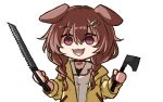  1girl :3 :d animal_collar animal_ears axe bangs bone_hair_ornament bonesaw braid brown_eyes brown_hair chibi collar dog_ears dog_girl dress empty_eyes fangs hair_between_eyes hair_ornament hairclip hatchet_(axe) holding holding_axe hololive inugami_korone jacket long_hair low_twin_braids low_twintails open_clothes open_jacket open_mouth oracle_silbern red_collar shaded_face simple_background smile solo twin_braids twintails upper_body virtual_youtuber white_background white_dress yandere yellow_jacket 