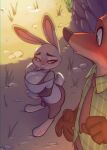 2022 anthro big_breasts bigdad blush breasts canid canine cleavage clothed clothing disney duo female fox huge_breasts judy_hopps lagomorph leporid male mammal necktie nick_wilde rabbit smile standing zootopia 