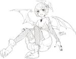  1girl bat_wings blush dated ejami fishnets full_body hair_ornament halloween highres jewelry looking_at_viewer monochrome nail_polish open_mouth ring short_hair signature simple_background skirt smile solo thighhighs white_background wings 