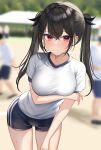  1girl absurdres arm_under_breasts bangs black_hair black_shorts blurry blurry_background blush breasts closed_mouth cowboy_shot crossed_bangs gym_uniform highres kaku_yone leaning_forward original outdoors red_eyes shirt shorts smile solo_focus standing sweat track_and_field twintails white_shirt 