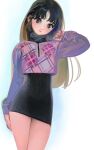  1girl adjusting_hair arm_at_side black_dress brown_eyes closed_mouth cowboy_shot dress frown hand_up head_tilt highres long_hair long_sleeves looking_at_viewer original purple_sweater ribbed_dress solo sweater turtleneck_dress white_background yeono0 