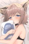  1girl absurdres among_us animal_ear_fluff animal_ears arknights bare_shoulders bed_sheet black_bra black_choker blush bra brown_hair choker closed_mouth crewmate_(among_us) fox_ears highres looking_at_viewer lying object_hug on_back on_bed pillow pillow_hug shipi_(qlenf0715) short_hair solo sussurro_(arknights) underwear underwear_only upper_body 