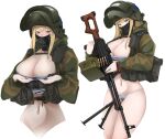  1girl absurdres bangs bikini blonde_hair blue_eyes blush breasts cleavage gun helmet highres holding holding_gun holding_weapon jacket long_hair looking_at_viewer mask mole mole_on_breast multiple_views navel original pouch pz-15 simple_background sweat swimsuit weapon white_background 