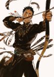  1boy akaashi_keiji arrow_(projectile) bangs bead_necklace beads belt belt_pouch black_hair black_pants blue_eyes bow_(weapon) bridal_gauntlets chengongzi123 cowboy_shot drawing_bow feather_necklace feathers haikyuu!! highres holding holding_bow_(weapon) holding_weapon jewelry long_sleeves looking_away necklace outstretched_arm pants pouch quiver short_hair simple_background solo standing weapon white_background 