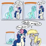  1:1 absurd_res asphyxiation blonde_hair blue_eyes blue_hair bonbon_(mlp) derp_eyes derpy_hooves_(mlp) dialogue earth_pony english_text equid equine female friendship_is_magic green_hair hair hasbro hi_res horn horse in_jar jar lyra_heartstrings_(mlp) mammal multicolored_hair my_little_pony pegasus pink_hair pony text two_tone_hair unicorn white_hair wings witchtaunter 