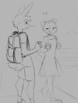 anthro backpack blush blush_lines canid canine canis clothed clothing domestic_dog dress duo english_text female floppy_ears lagomorph leporid male male/female male_(lore) mammal rabbit shirt sketch skullwomb smile text topwear 