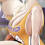  1girl bare_arms basket basketball_jersey basketball_uniform black_hair breasts cleavage close-up clothes_pull collarbone head_out_of_frame highres hololive huge_breasts kuse_(0201) los_angeles_lakers multicolored_hair multiple_views reflective_floor shirogane_noel shirt_pull short_hair sideboob sitting sportswear strap_gap two-tone_hair white_hair 