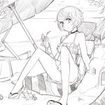  1girl beach_umbrella black_choker choker cloud drink ejami foot_out_of_frame greyscale looking_at_viewer monochrome original outdoors short_hair sitting solo swimsuit umbrella 