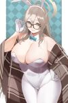  1girl adjusting_eyewear akane_(blue_archive) akane_(bunny)_(blue_archive) animal_ears blue_archive blue_bow blue_bowtie bow bowtie breasts brown_eyes brown_scarf cleavage commentary_request detached_collar glasses gloves halo hand_on_hip highres large_breasts light_brown_hair lin_jingai long_hair looking_at_viewer pantyhose plaid plaid_scarf playboy_bunny rabbit_ears scarf smile solo white_gloves white_pantyhose 