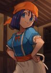  1girl apron bandana bangs blue_eyes dragon_quest dragon_quest_ix frilled_sleeves frills hands_on_hips highres indoors nasubin_(nasubisamurai15) orange_bandana orange_ribbon puffy_short_sleeves puffy_sleeves purple_hair ribbon rikka_(dq9) short_hair short_sleeves smile solo 