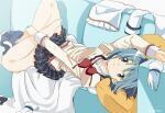  1girl barefoot blue_eyes blue_hair blue_skirt bow cape closed_mouth couch crossed_legs fumiko_(mesushi) gloves looking_at_viewer lying magical_girl mahou_shoujo_madoka_magica miki_sayaka mitakihara_school_uniform on_back on_couch pillow red_bow school_uniform short_hair skirt solo white_cape white_gloves 