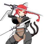 1girl animal_ears bad_anatomy bodysuit braid breasts cat_ears cat_tail contrapposto dual_wielding fang fishnet_bodysuit fishnets highres himenomikan holding kaenbyou_rin long_hair multiple_tails ninja red_hair skin_fang solo sword tail taimanin_suit touhou twin_braids weapon 