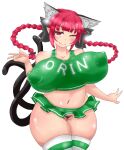  1girl ;) alternate_costume animal_ear_fluff animal_ears bangs blunt_bangs braid breasts cat_ears cat_tail character_name cheerleader closed_mouth clothes_writing covered_nipples cowboy_shot curvy fang green_panties green_skirt highres himenomikan huge_breasts kaenbyou_rin long_hair looking_at_viewer multiple_tails navel one_eye_closed panties red_eyes red_hair side_braids simple_background skindentation skirt smile solo standing tail thighhighs touhou twin_braids two_tails underwear w white_background 