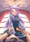  1girl :p alternate_costume blush breasts casual commentary_request curtains highres looking_at_viewer mejiro_mcqueen_(umamusume) pov pov_hands purple_eyes purple_hair sakimiya_(inschool) small_breasts smile solo_focus standing_on_person tongue tongue_out umamusume watch window 