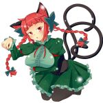  1girl animal_ears bow braid cat_ears cat_tail heart heart_tail highres himenomikan kaenbyou_rin looking_at_viewer multiple_tails nekomata paw_pose red_eyes red_hair simple_background solo tail touhou twin_braids white_background 