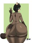  anthro bangs big_butt breasts brown_body brown_fur butt female fur gesture green_eyes half-closed_eyes hi_res huge_butt ll-ss looking_at_viewer looking_back mammal narrowed_eyes nude procyonid raccoon rear_view solo standing thick_thighs v_sign wide_hips 