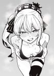  1girl bangs bare_shoulders beret bikini blush breast_grab breasts cleavage crown grabbing greyscale grin hat highres hololive hoshimachi_suisei longlong_(drasdr7513) looking_at_viewer monochrome side_ponytail single_thighhigh smile solo sweat swimsuit thigh_strap thighhighs virtual_youtuber 