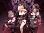  3girls absurdres asymmetrical_legwear bianka_durandal_ataegina blonde_hair blue_eyes breasts brown_hair cape cleavage demon demon_girl demon_horns dress eyes_visible_through_hair hair_over_one_eye highres honkai_(series) honkai_impact_3rd horns looking_at_viewer multiple_girls red_eyes rita_rossweisse ruo_zhishi_chu_jian sitting smile thighhighs throne 