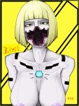  1girl bangs black_eyes blonde_hair blunt_bangs bob_cut breasts character_name colored_sclera commentary cyberpunk_(series) cyberpunk_edgerunners cyborg gwjagdjager highres kiwi_(cyberpunk) looking_at_viewer nude robot solo upper_body yellow_sclera 